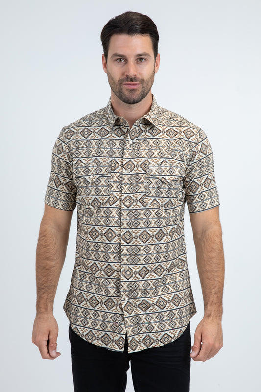 Men's Performance Western Short Sleeve Beige Shirt