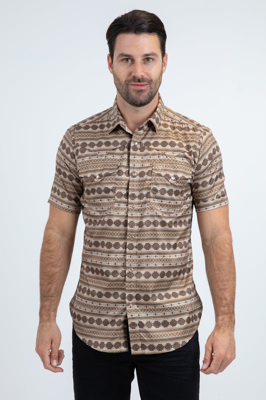 Men's Performance Western Short Sleeve Beige Shirt