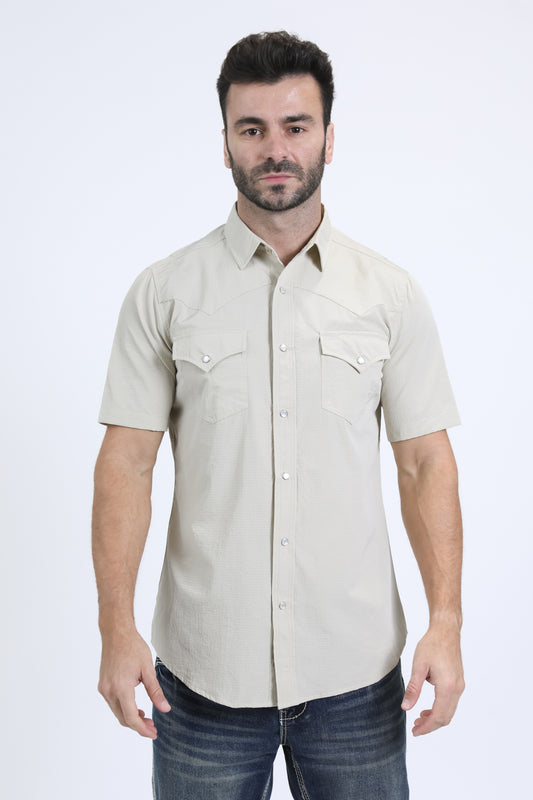 Men's Performance Western Short Sleeve Beige Shirt