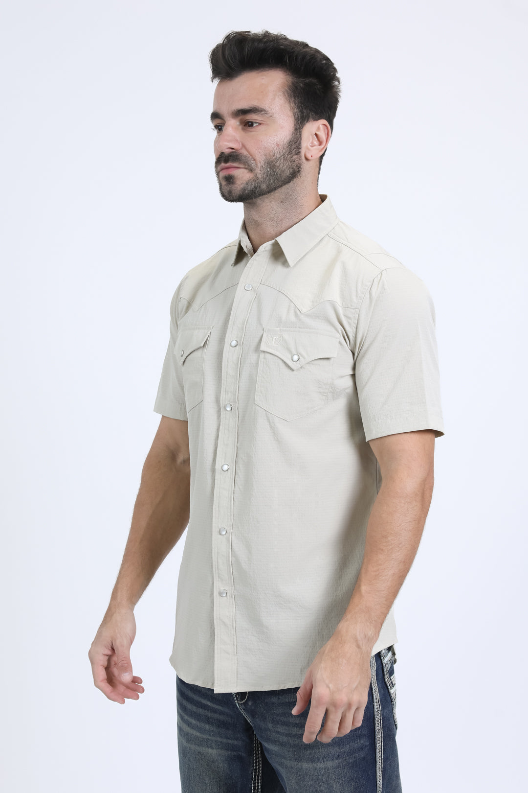 Men's Performance Western Short Sleeve Beige Shirt