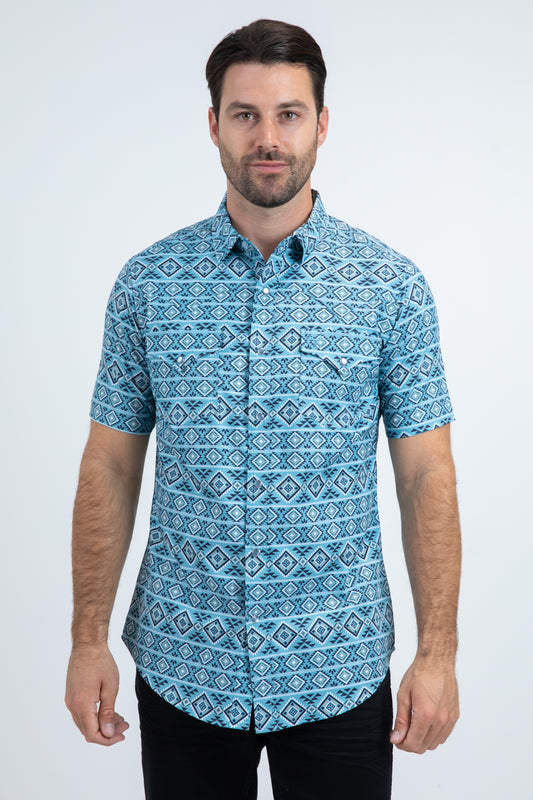 Men's Performance Western Short Sleeve Blue Shirt