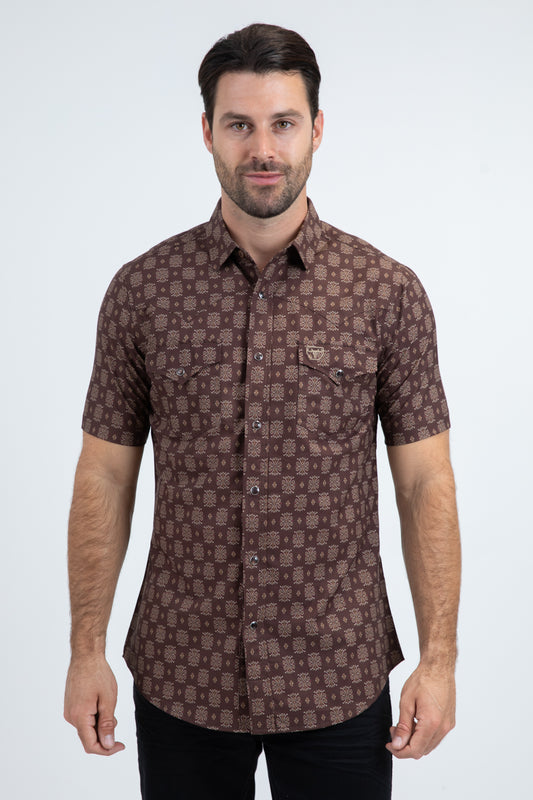 Men's Performance Western Short Sleeve Brown Shirt