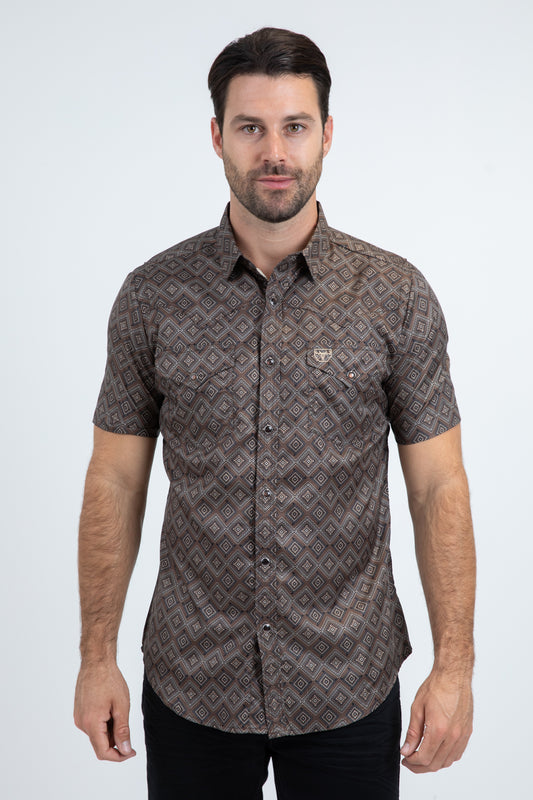 Men's Performance Western Short Sleeve Brown Shirt