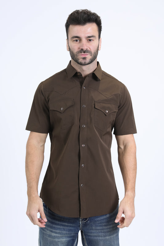 Men's Performance Western Short Sleeve Brown Shirt