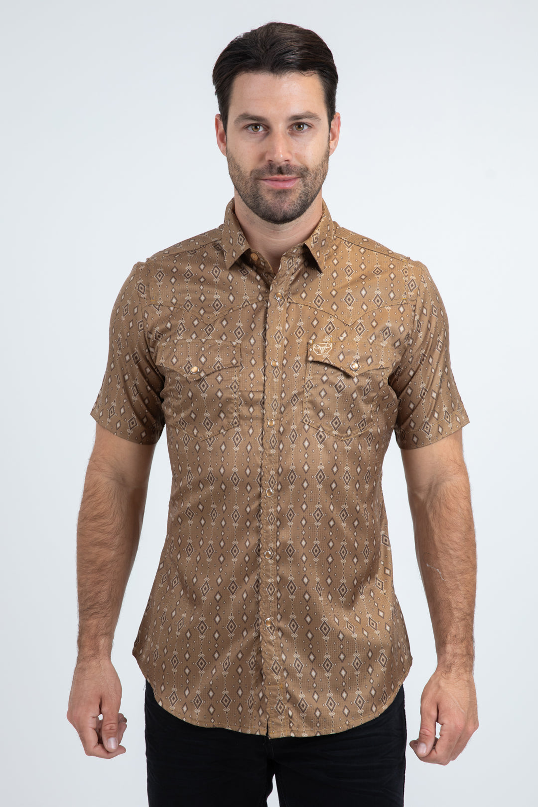 mens short sleeve western dress shirts Men's Performance Western Short Sleeve Camel Shirt – Platini Fashion