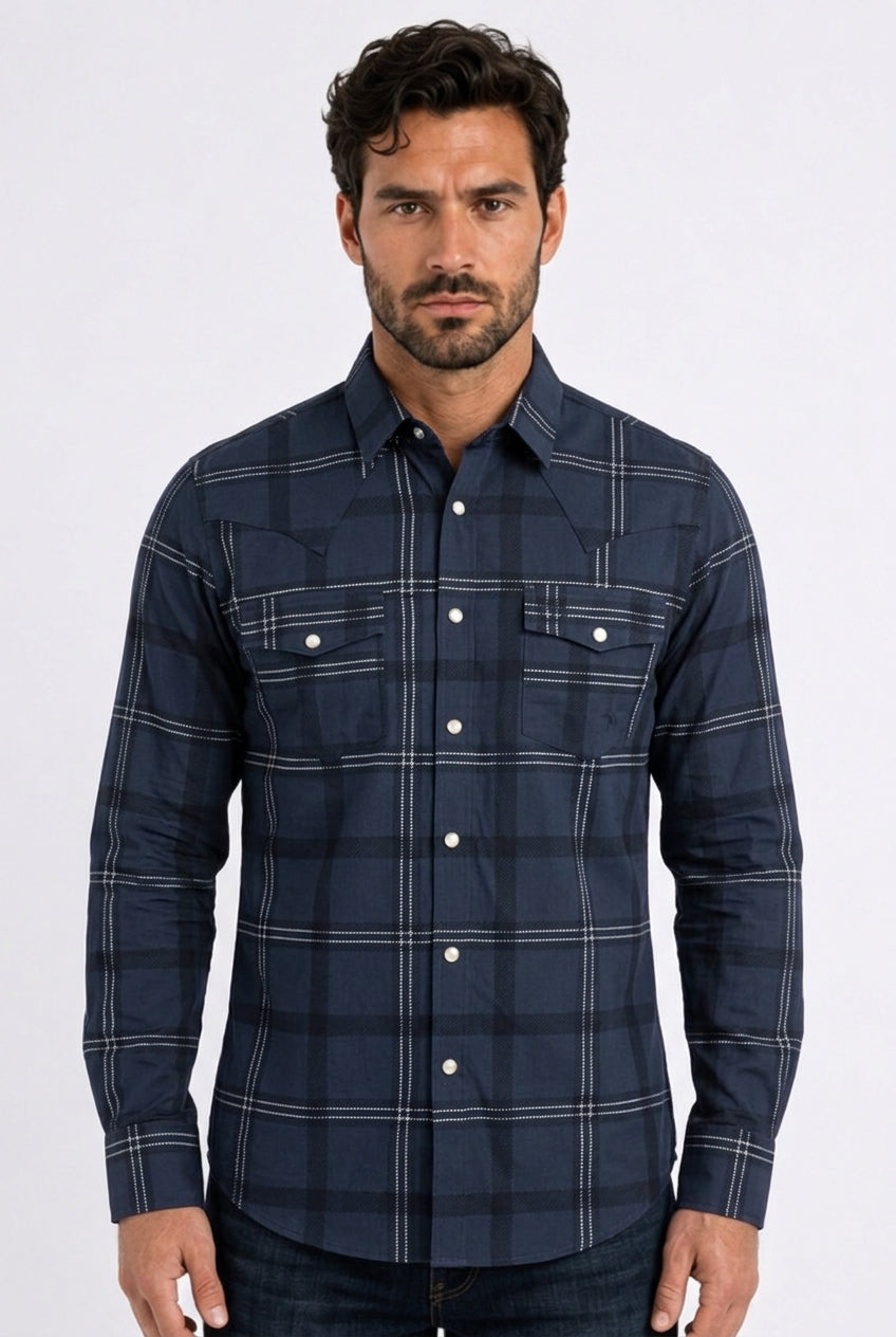 navy plaid western shirt men platini front