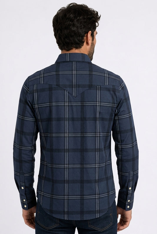 navy plaid western shirt men platini back