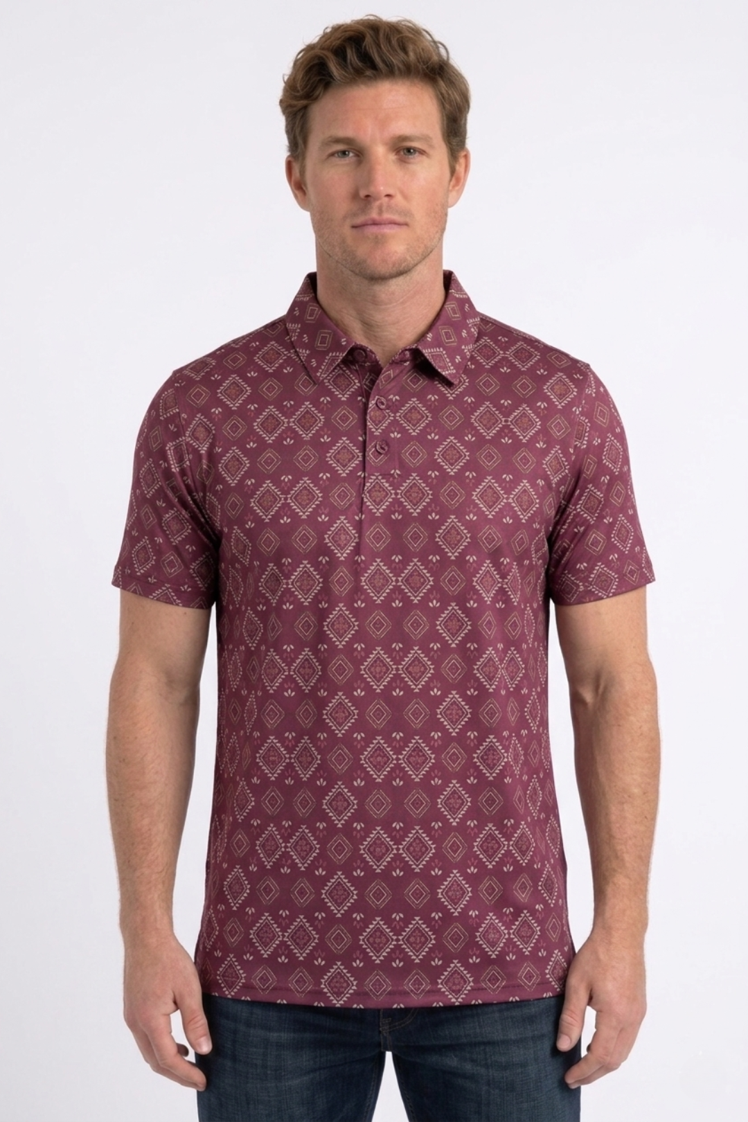 red aztec geometric performance polo men platini front