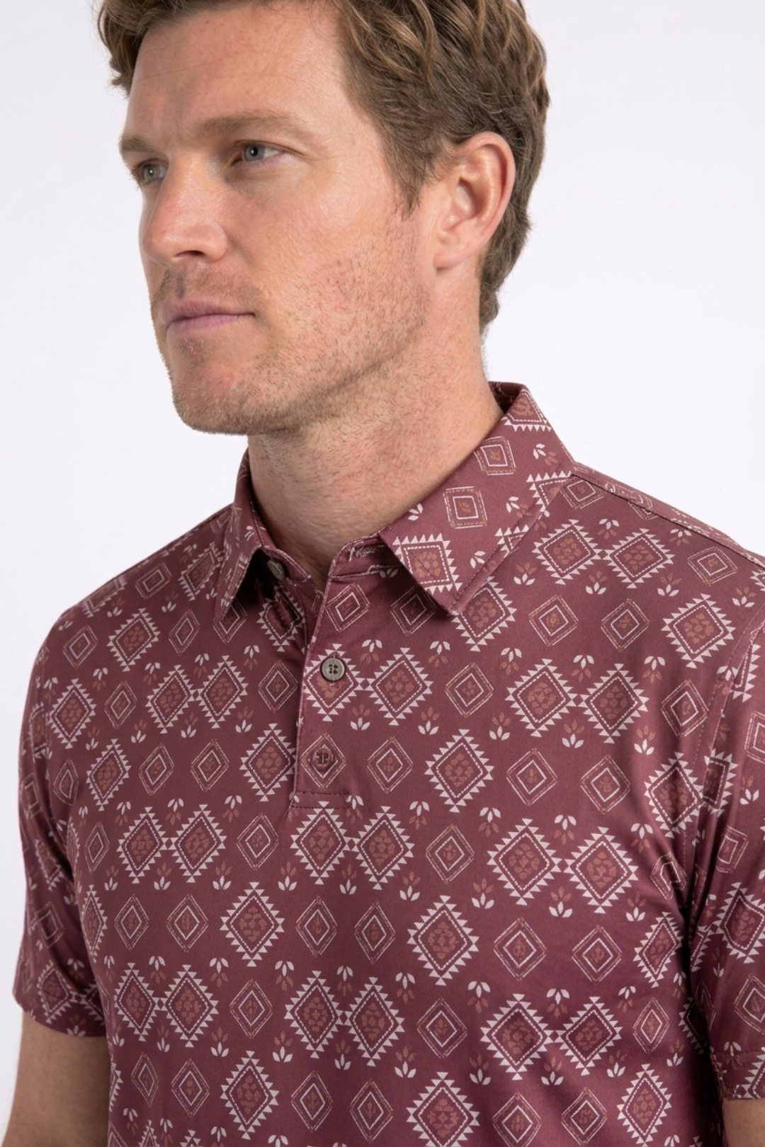 red aztec geometric performance polo men platini side