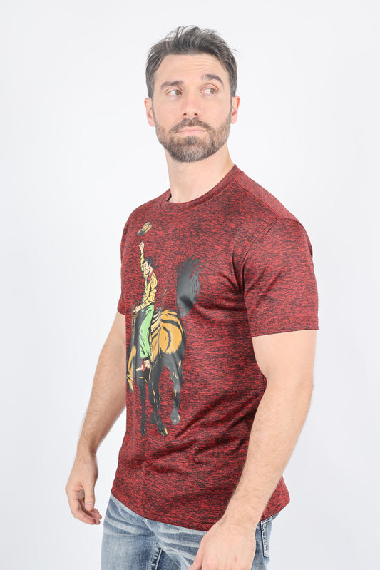 A man wearing a heathered red short-sleeve t-shirt with a cowboy riding a black horse graphic on the front, paired with blue jeans, photographed against a light gray background.