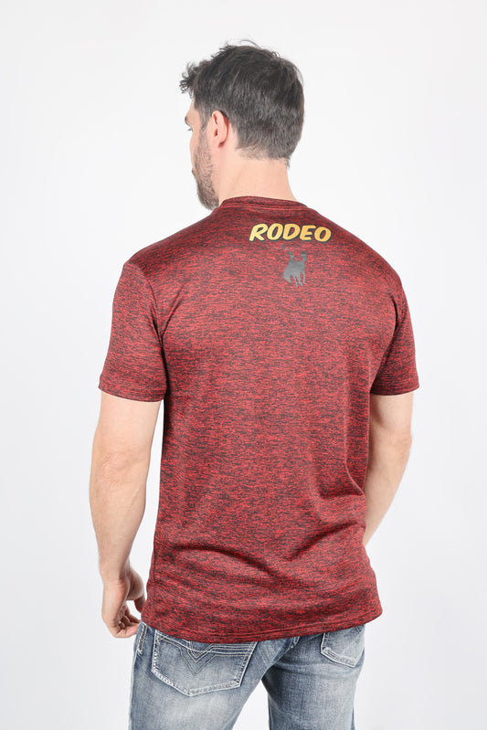 A man viewed from the back wearing a heathered red t-shirt with 'RODEO' and a horse logo printed in yellow on the upper back, paired with blue jeans against a white studio background.