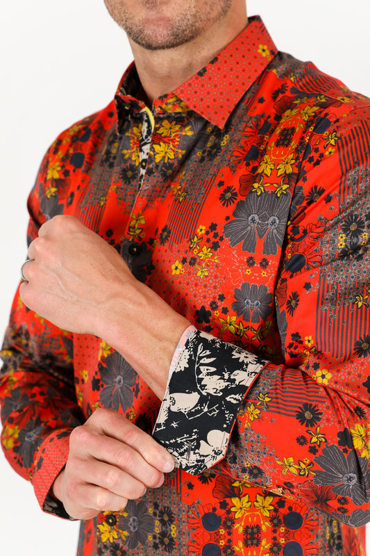 red abstract art print shirt men platini detail-2