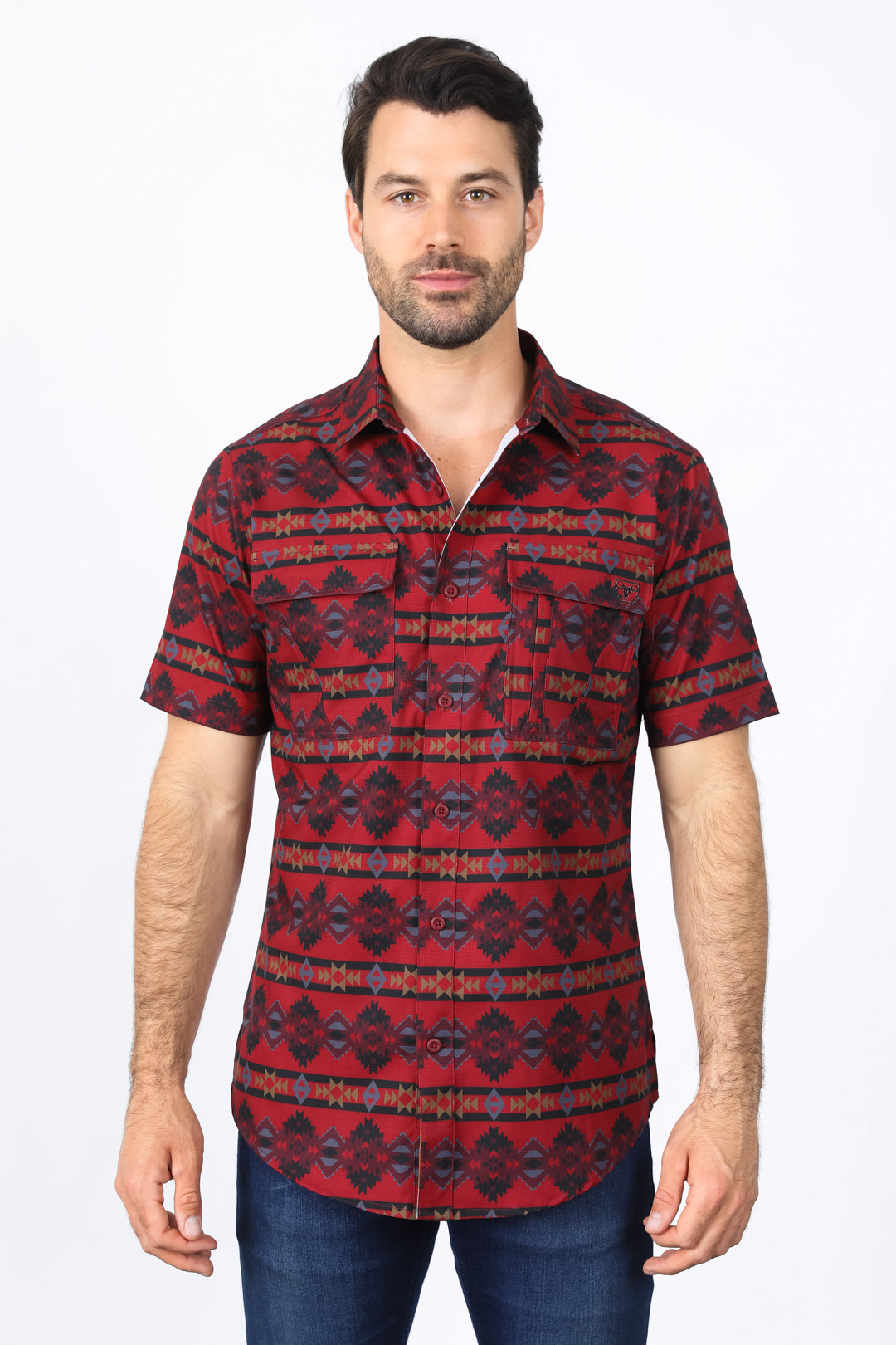 Man wearing a red western aztec performance shirt front