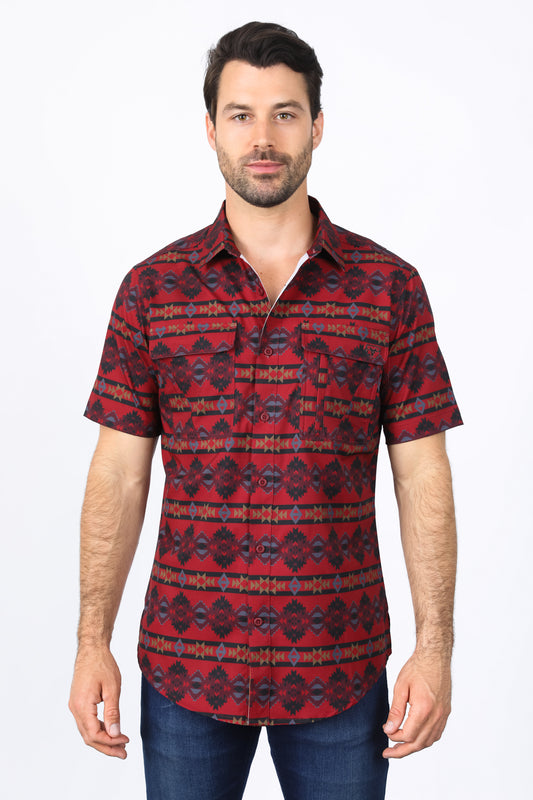Man wearing a red western aztec performance shirt front