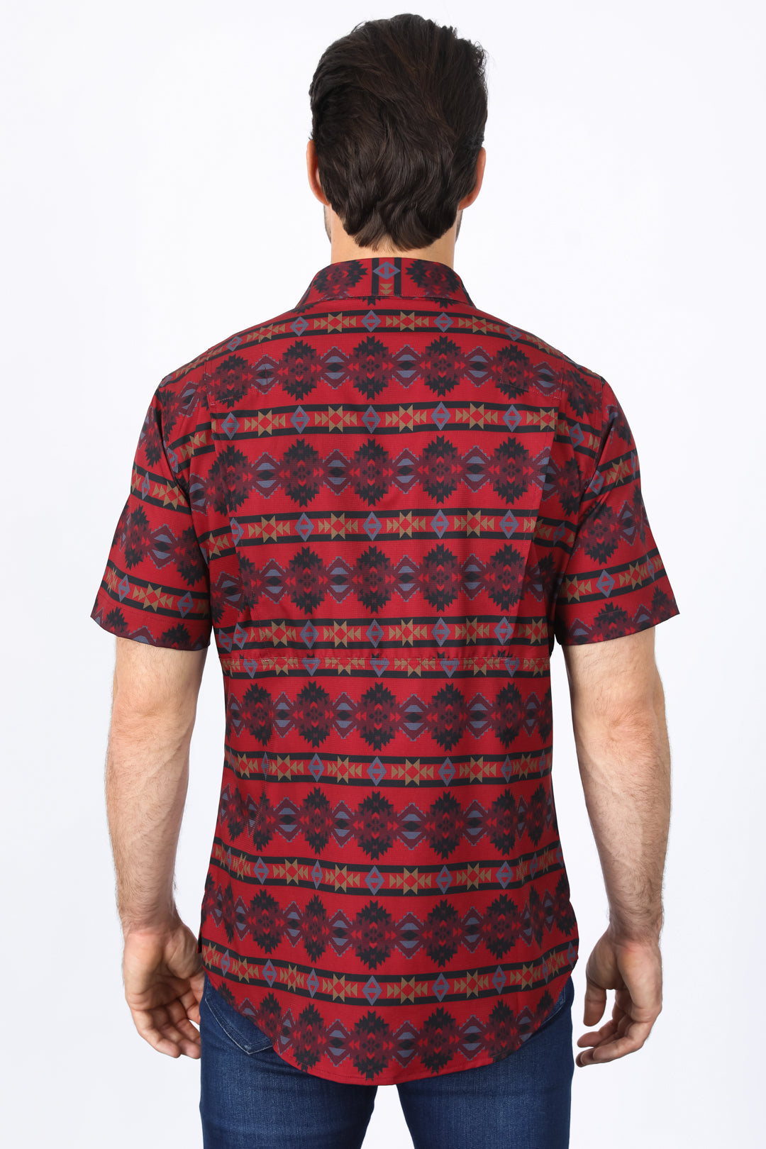 Man wearing a red western aztec performance shirt back