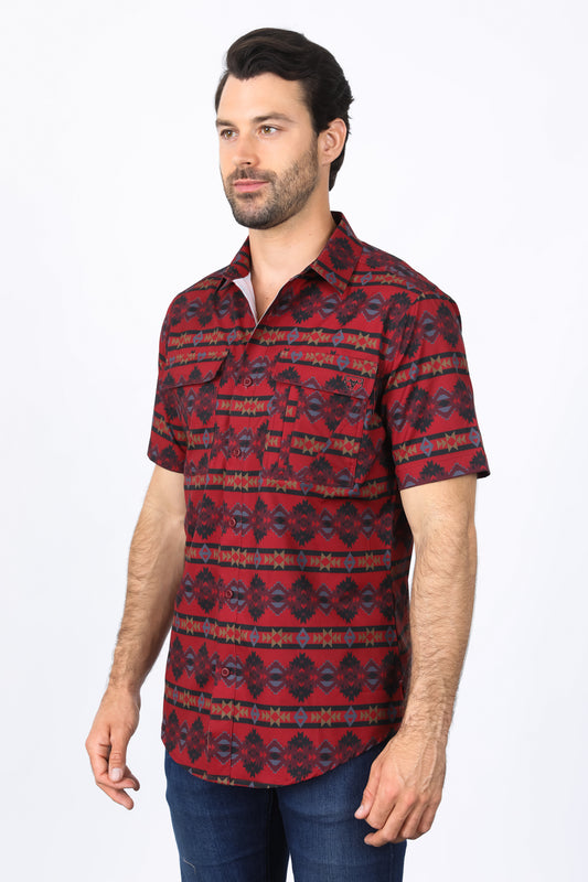 Man wearing a red western aztec performance shirt side