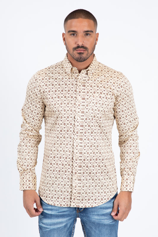 Beige Satin Cotton Modern Fit Long Sleeve Shirt Men