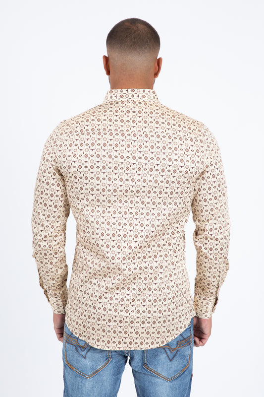 Beige Satin Cotton Modern Fit Long Sleeve Shirt Men