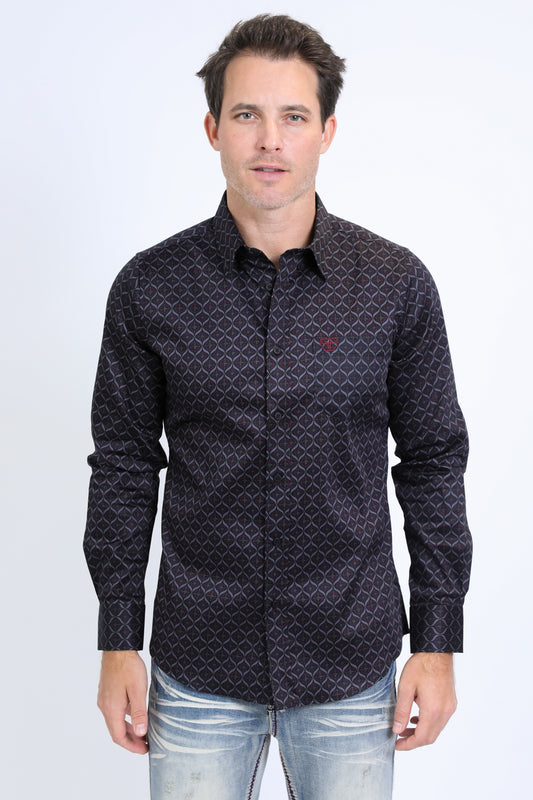 Black Satin Cotton Modern Fit Long Sleeve Shirt Men