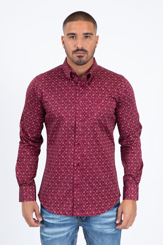 Burgundy Satin Cotton Modern Fit Long Sleeve Shirt Men