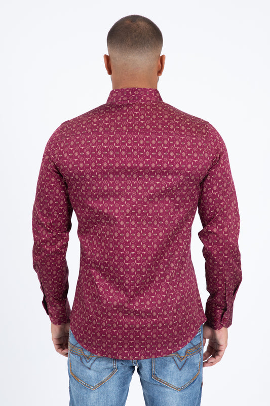 Burgundy Satin Cotton Modern Fit Long Sleeve Shirt Men