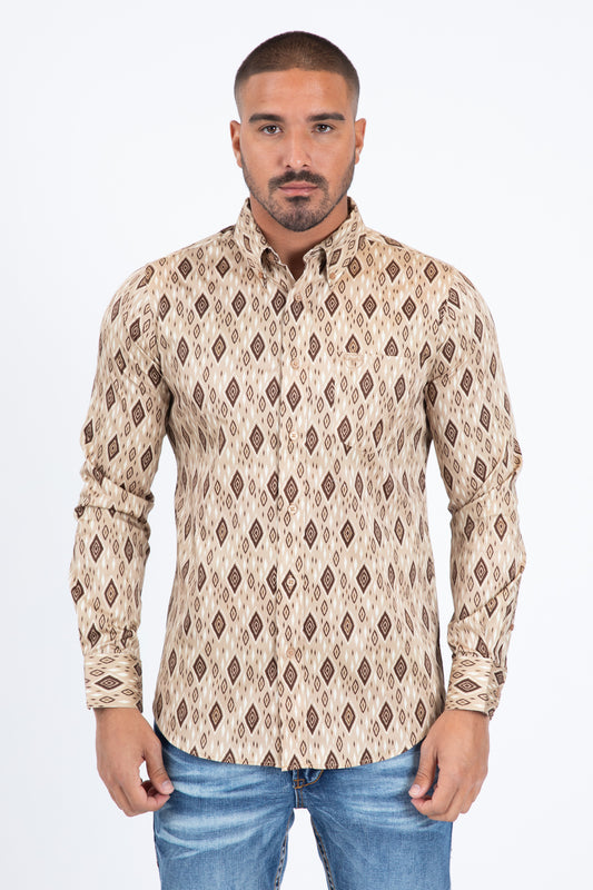Khaki Satin Cotton Modern Fit Long Sleeve Shirt Men