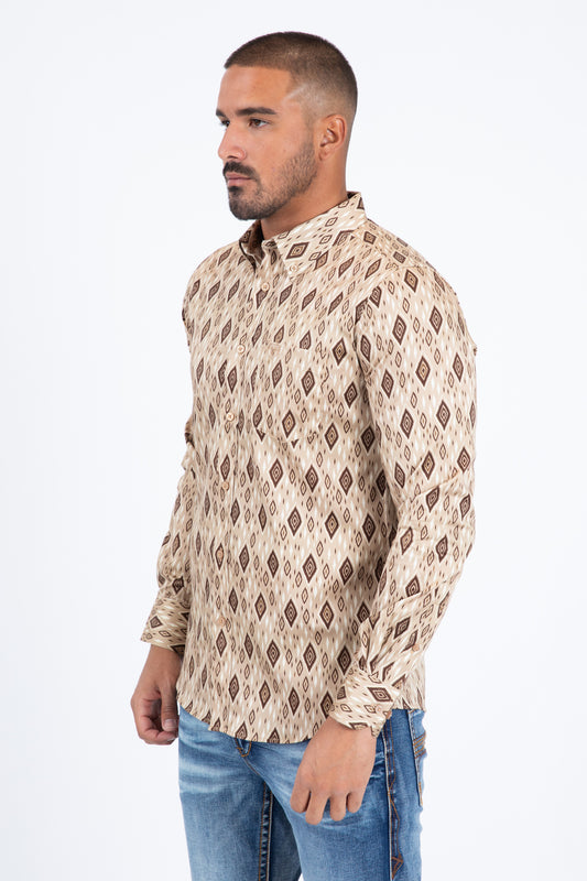 khaki diamond ethnic long sleeve shirt men platini detail-2