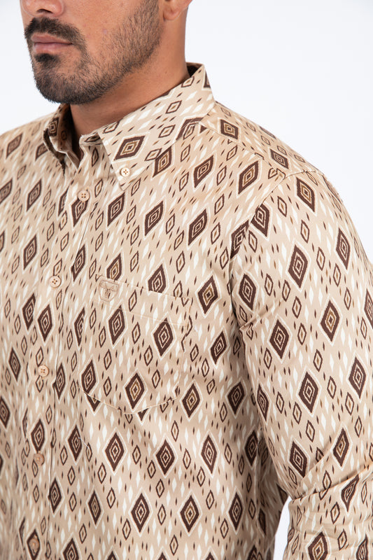 khaki diamond ethnic long sleeve shirt men platini detail