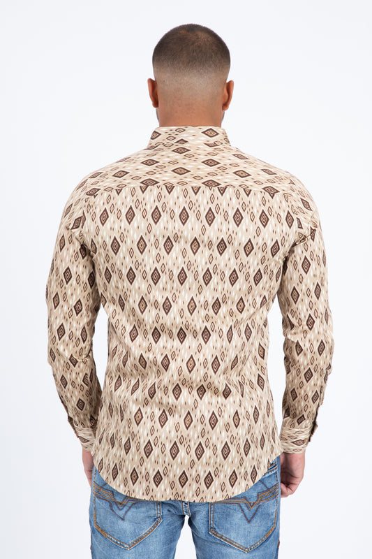 Khaki Satin Cotton Modern Fit Long Sleeve Shirt Men