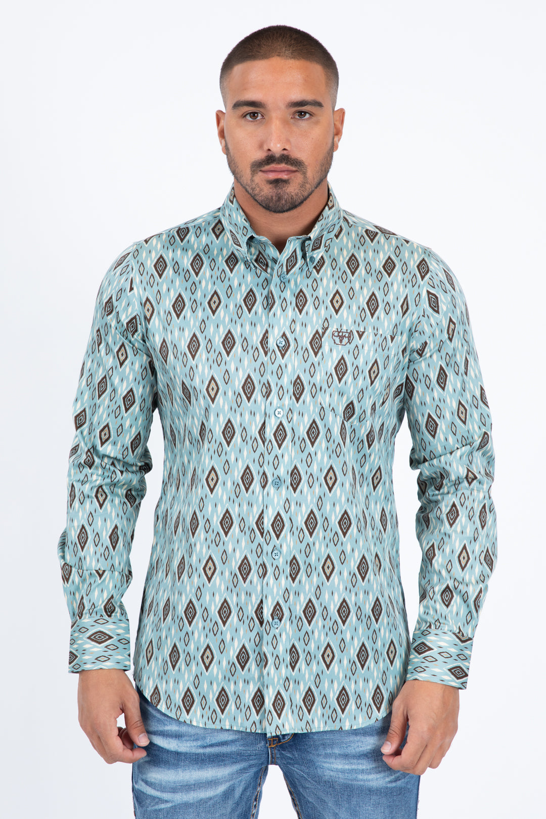 light blue diamond ethnic long sleeve shirt men platini front
