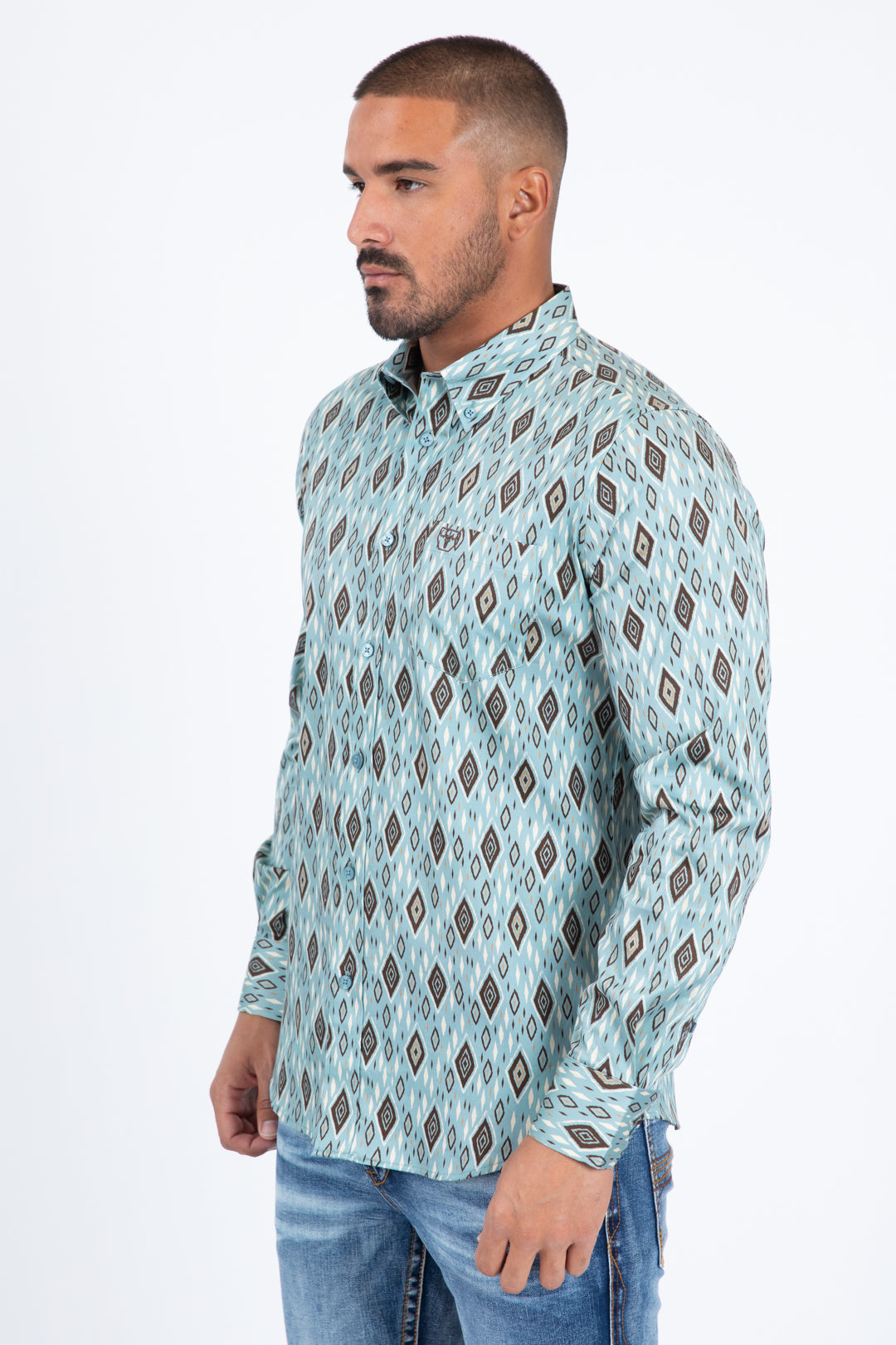 light blue diamond ethnic long sleeve shirt men platini detail-2