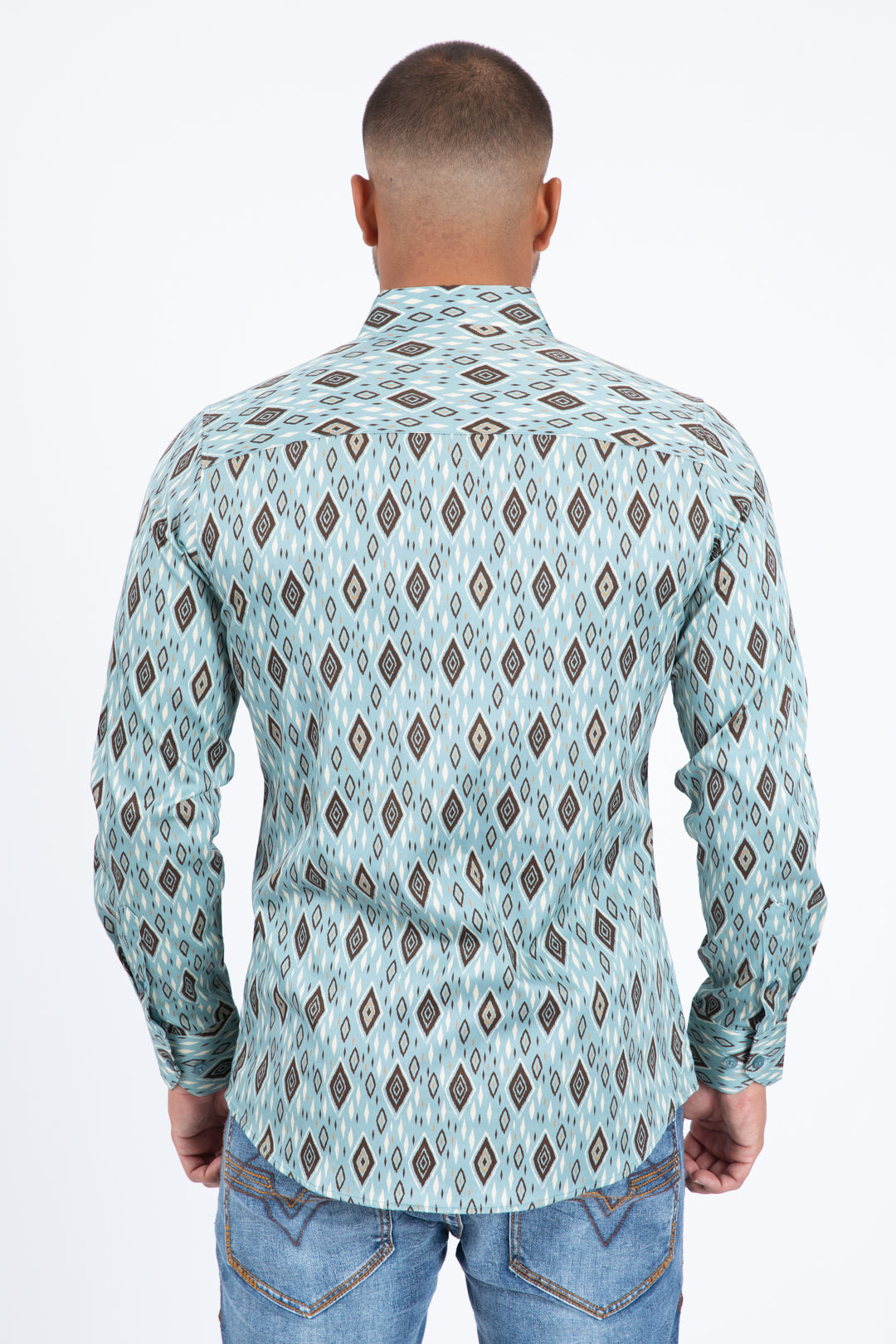 light blue diamond ethnic long sleeve shirt men platini back