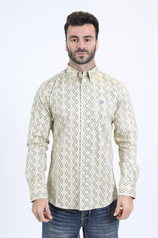 Mens Satin Cotton Modern Fit Navy Long Sleeve Beige Shirt