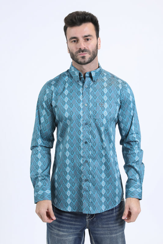 Mens Satin Cotton Modern Fit Navy Long Sleeve Turquoise Shirt