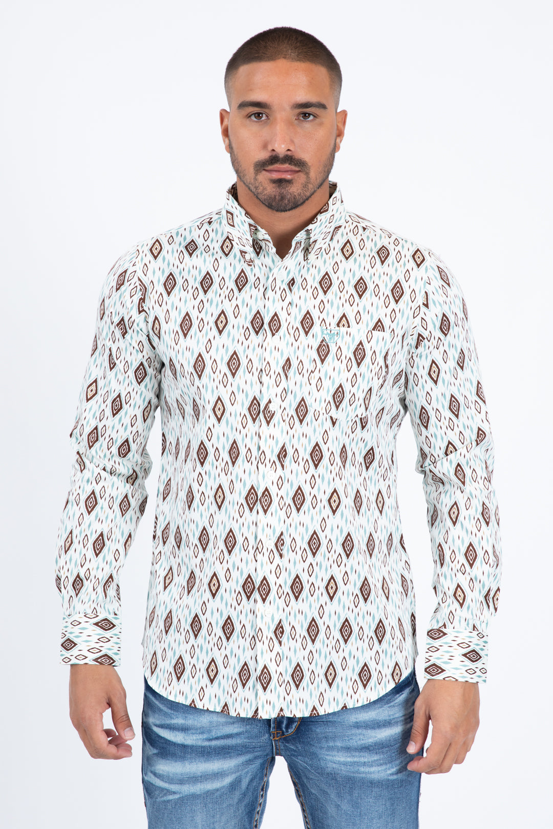 white diamond ethnic long sleeve shirt platini front