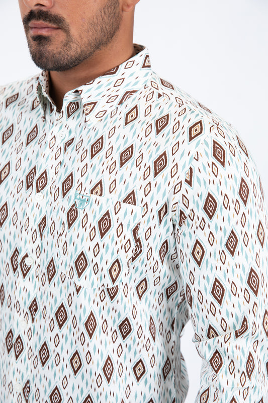 white diamond ethnic long sleeve shirt men platini detail