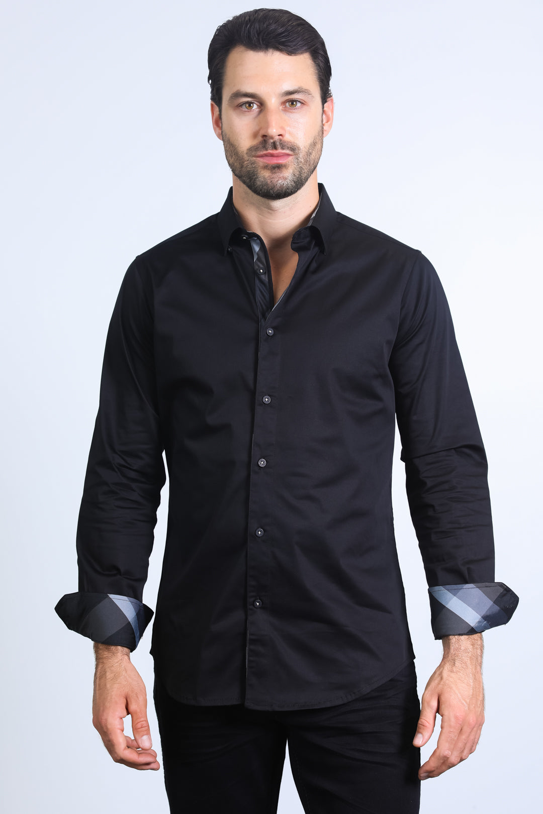 Satin Cotton/Spandex Long Sleeve Black/Gray Shirt
