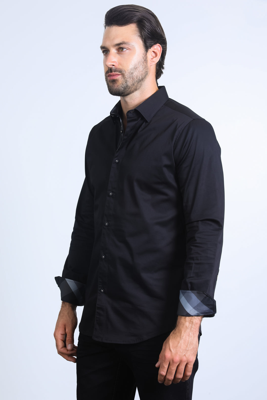Satin Cotton/Spandex Long Sleeve Black/Gray Shirt