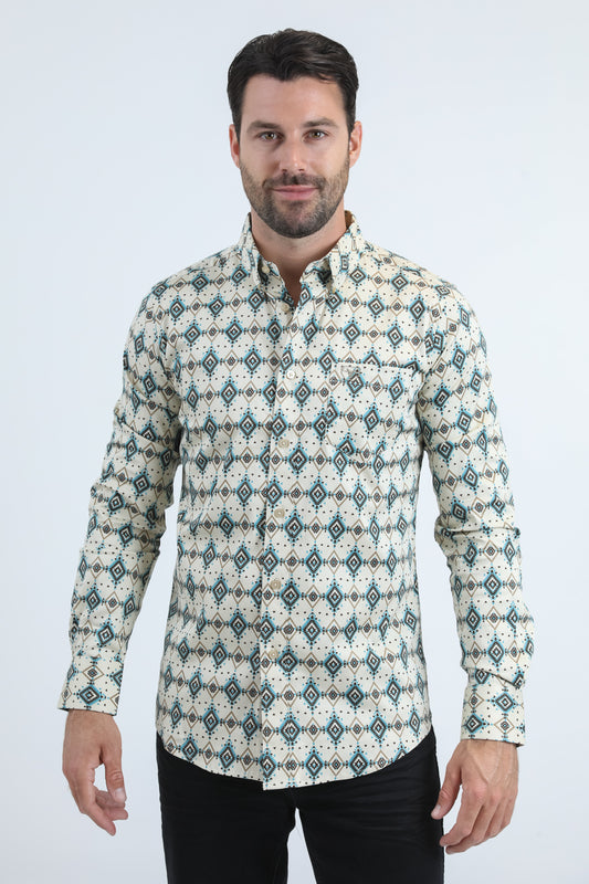 Mens Satin Cotton/Spandex Modern Fit Long Sleeve Beige Shirt