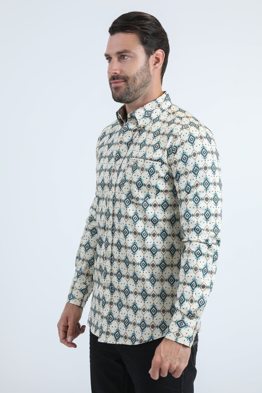 Mens Satin Cotton/Spandex Modern Fit Long Sleeve Beige Shirt