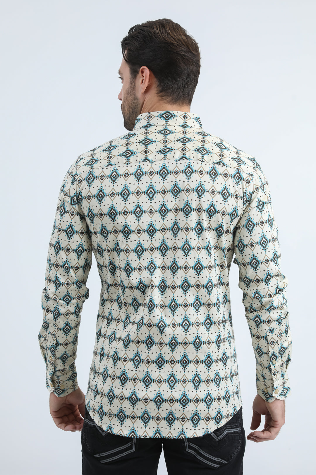 Mens Satin Cotton/Spandex Modern Fit Long Sleeve Beige Shirt