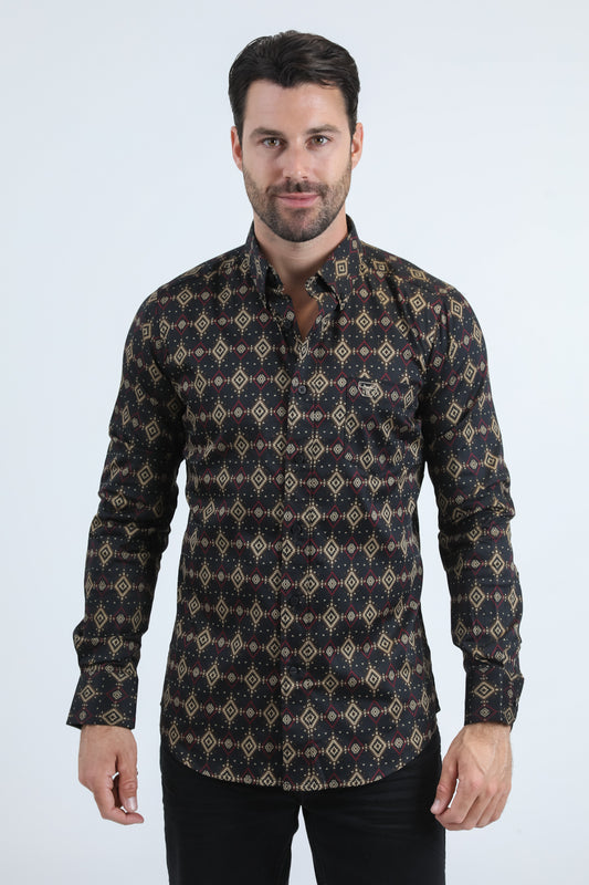 Mens Satin Cotton/Spandex Modern Fit Long Sleeve Black Shirt