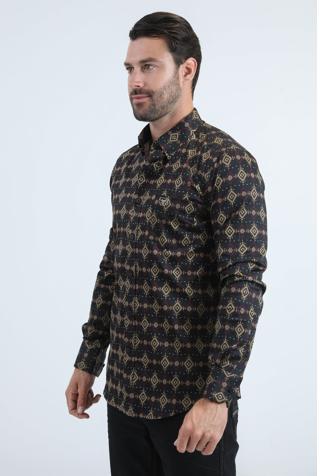 Mens Satin Cotton/Spandex Modern Fit Long Sleeve Black Shirt