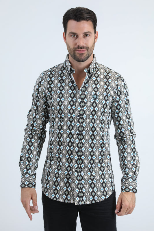 Mens Satin Cotton/Spandex Modern Fit Long Sleeve Black Shirt
