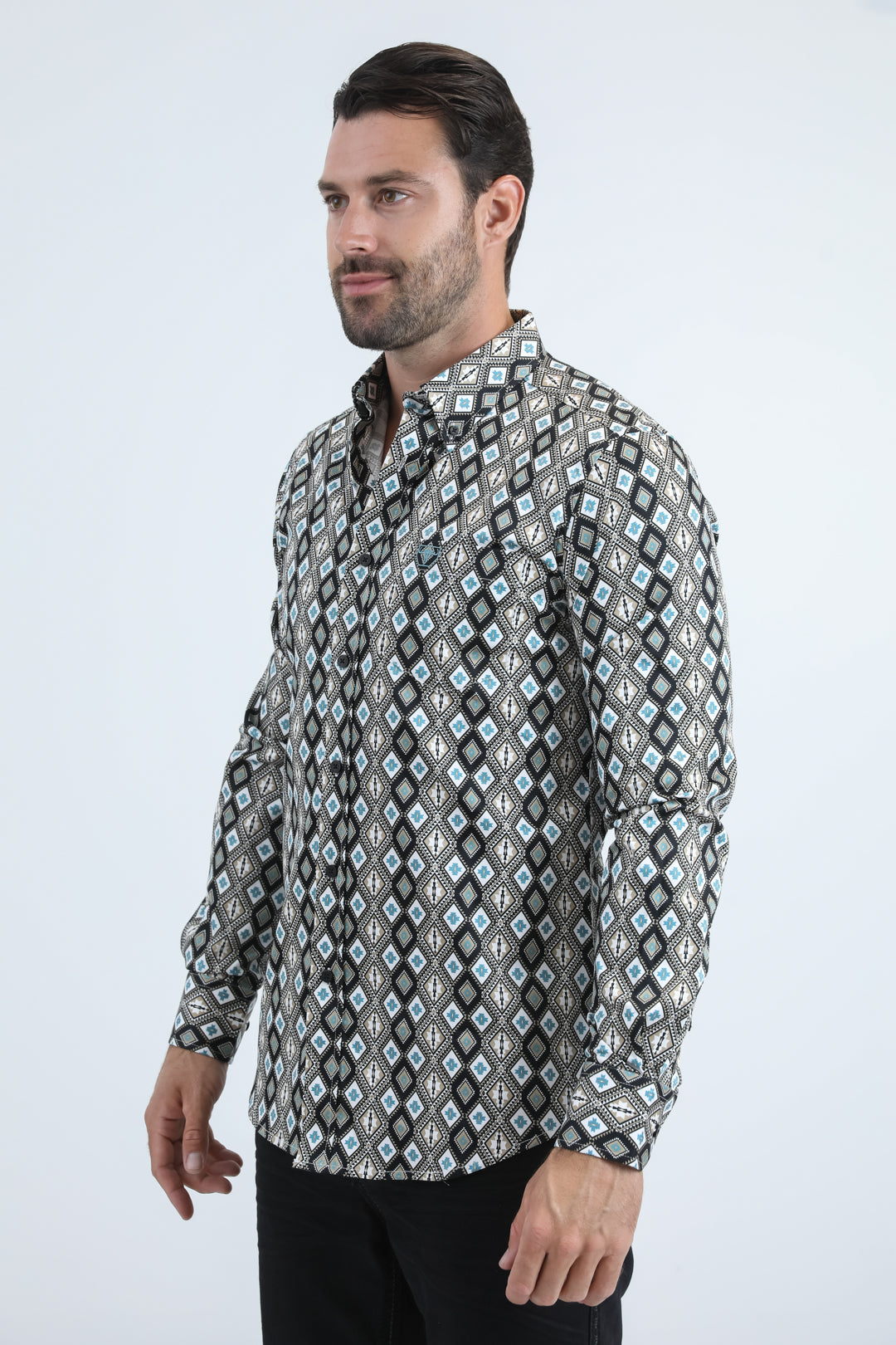 Mens Satin Cotton/Spandex Modern Fit Long Sleeve Black Shirt
