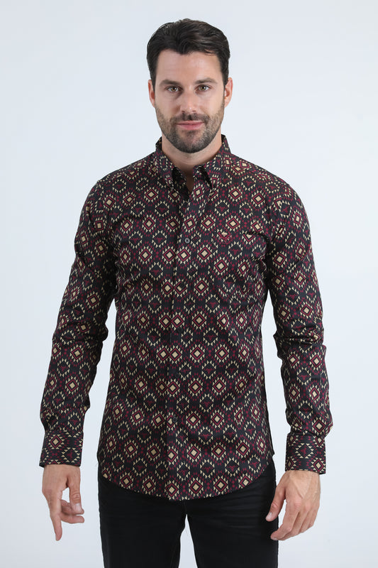 Mens Satin Cotton/Spandex Modern Fit Long Sleeve Black Shirt