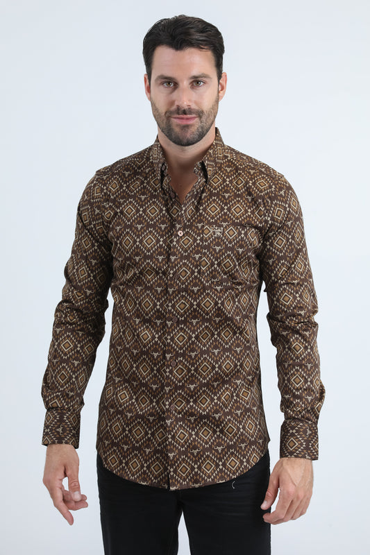 Mens Satin Cotton/Spandex Modern Fit Long Sleeve Brown Shirt