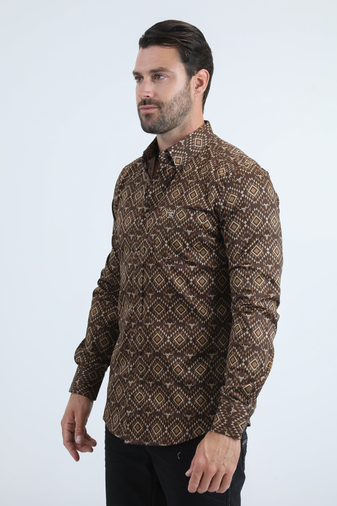 Mens Satin Cotton/Spandex Modern Fit Long Sleeve Brown Shirt