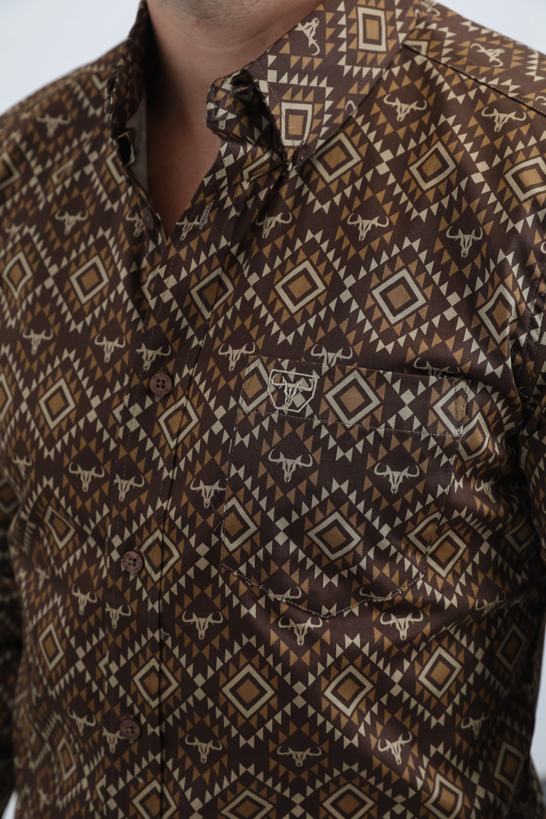 Mens Satin Cotton/Spandex Modern Fit Long Sleeve Brown Shirt