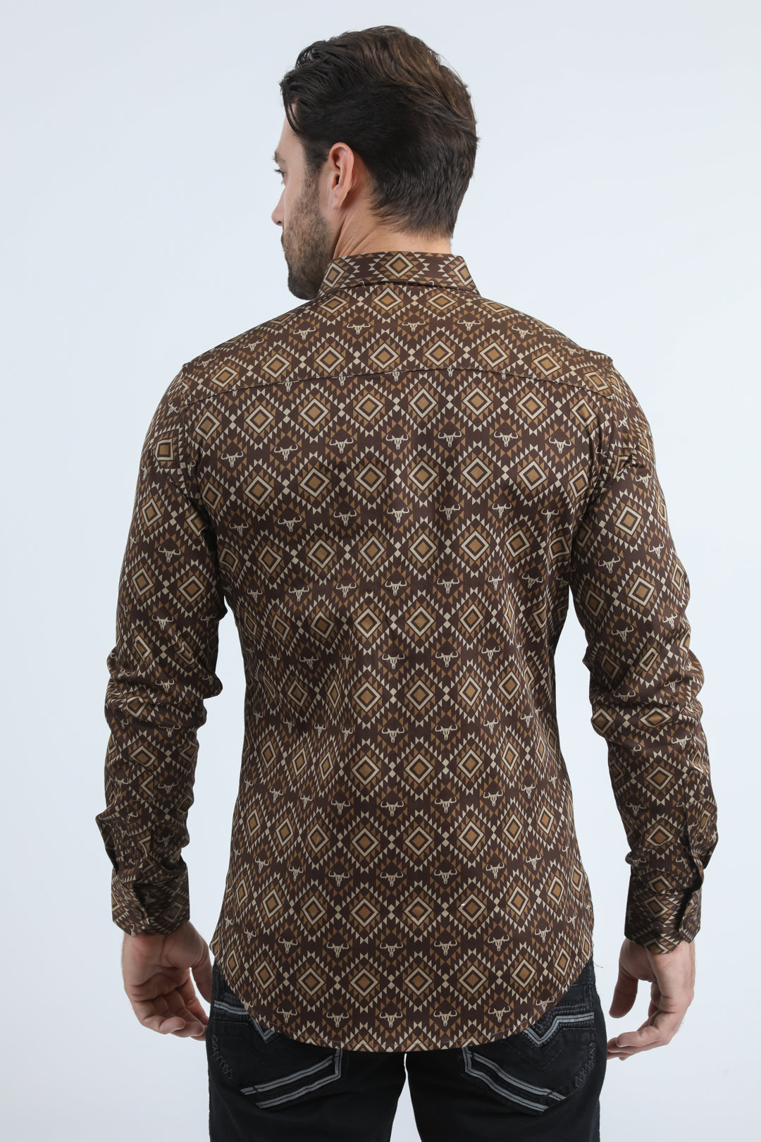 Mens Satin Cotton/Spandex Modern Fit Long Sleeve Brown Shirt